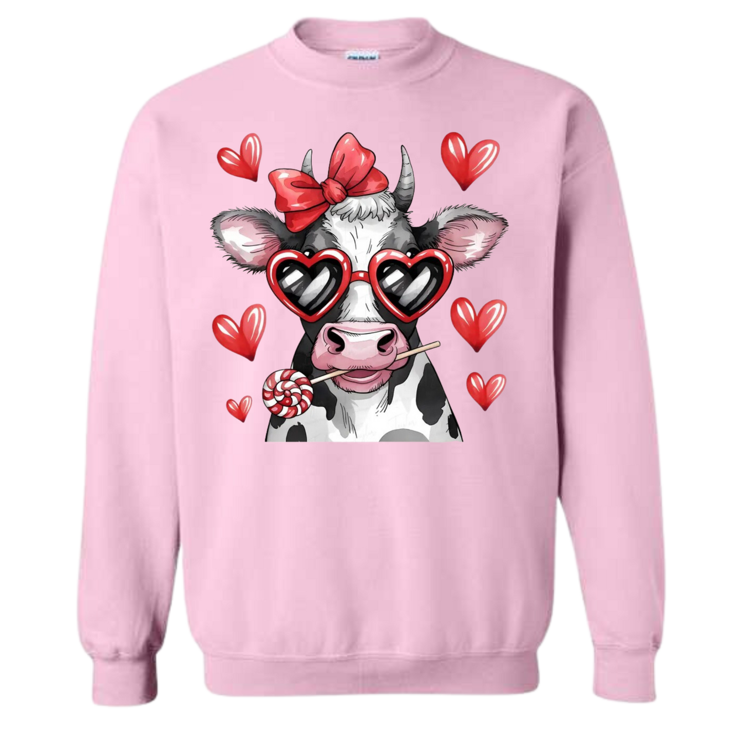VDAY COW AND HEARTS GILDAN CREWNECK