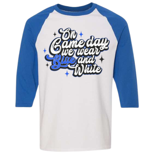 GILDAN 3/4 SLEEVE BLUE AND WHITE TSHIRT